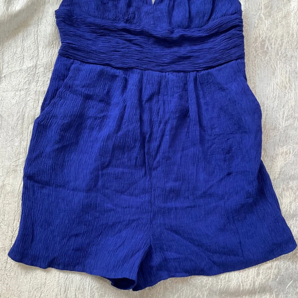 One Clothing Royal Blue Crinkle Plunging Romper Tie Shoulder Open Back Smocked M